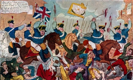 A cartoon showing the yeomanry attacking the crowd during the  'Peterloo' massacre.