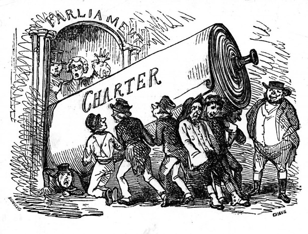A cartoon showing the Chartists trying to force Parliament to accept their petition.