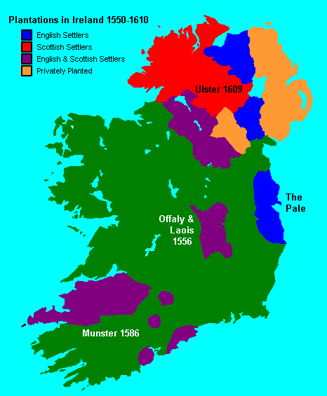 Colour-coded map of Ireland showing the Tudor and Stuart plantations between 1550 and 1610