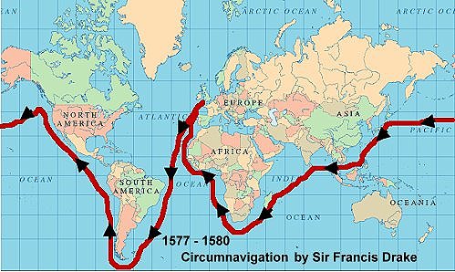 A map showing the route of Drake's voyage 1577-1580.