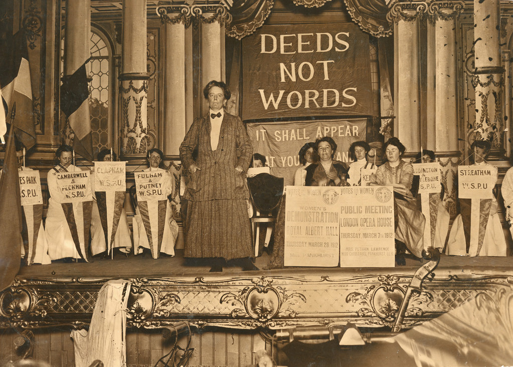 Unidentified speaker (possibly Ethel Smyth) at a Women's Social & Political Union (WSPU) meeting, 1912