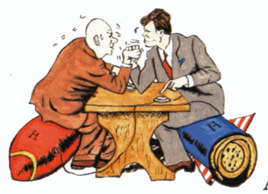 President Kennedy (USA) and Kruschev (Leader of the Soviet Union) shown arm wrestling whilst sitting on hydrogen bombs. This was published during the Cuban Missile Crisis, October 1962  in The Daily Mail.