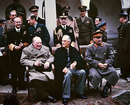Churchill, Roosevelt and Stalin seated together at the Yalta Conference in 1945.