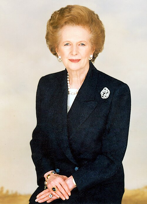 A portrait photograph of Margaret Thatcher.