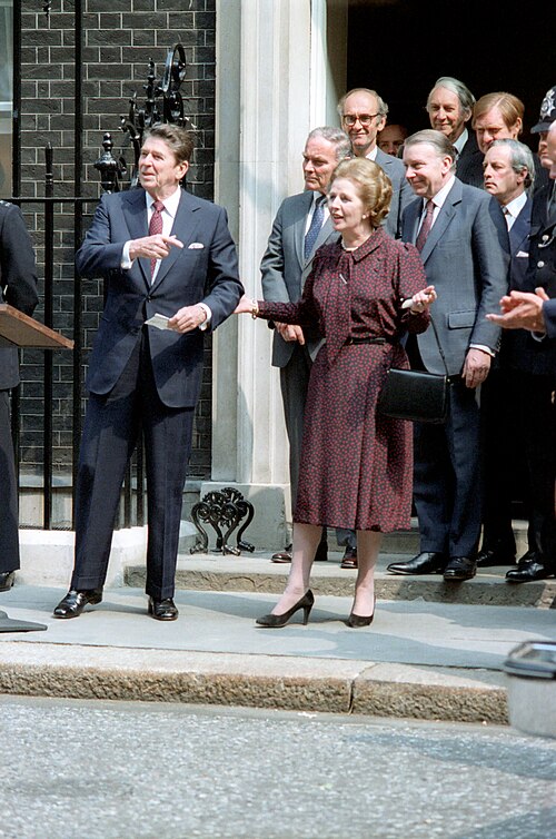 Margaret Thatcher standing with US President Ronald Reagan outside 10 Downing Street.