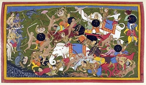 17th-century Indian painting showing Rama and his army fighting Ravana at Lanka
