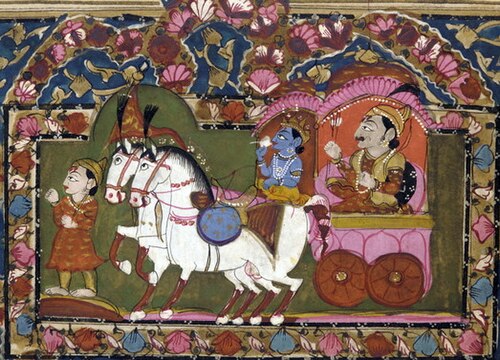 Indian painting of Krishna driving a chariot while Arjuna sits behind with a bow